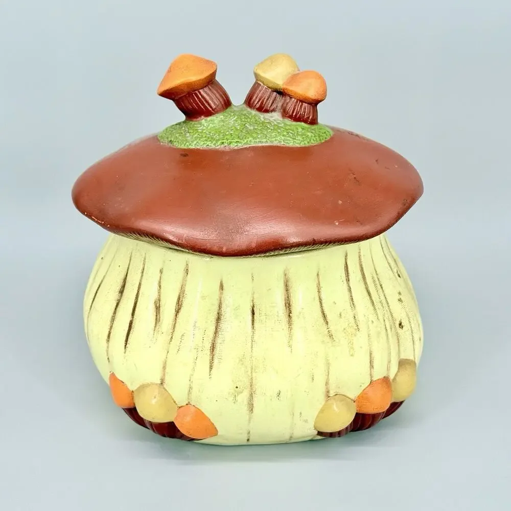 Vintage 1970s Mushroom Ceramic Cookie Jar Canister Yellow Red 8.5